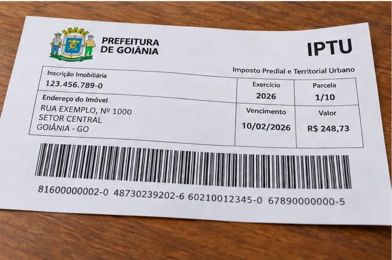 Exemplo visual de uma guia de IPTU de Goiânia impressa com inscrição do imóvel, exercício, parcela, vencimento, valor e código de barras