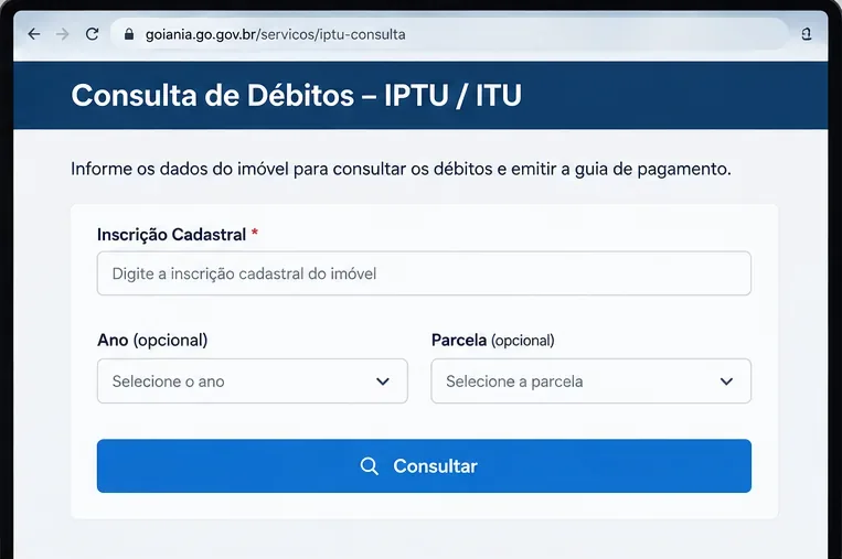 Tela ilustrativa de consulta de débitos do IPTU com campo para inscrição cadastral, ano e parcela