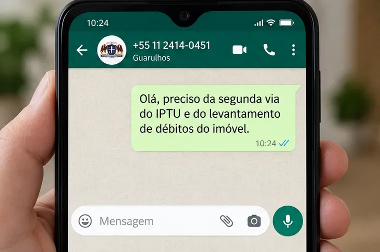 Celular exibindo uma conversa por mensagem com o número 11 2414-0451 e um pedido de segunda via do IPTU e levantamento de débitos