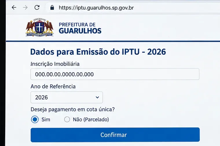 Exemplo visual do formulário do IPTU de Guarulhos preenchido com uma inscrição imobiliária fictícia, ano 2026 e opção de cota única