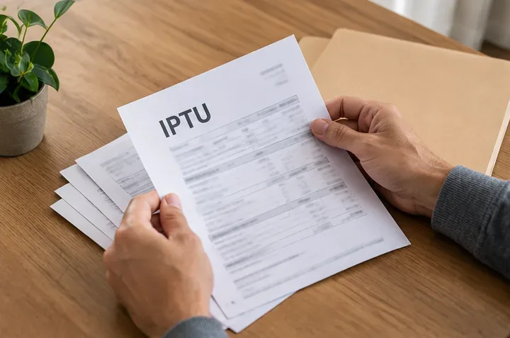 Mãos seguram uma folha identificada como IPTU sobre outros documentos e uma pasta em uma mesa de madeira.