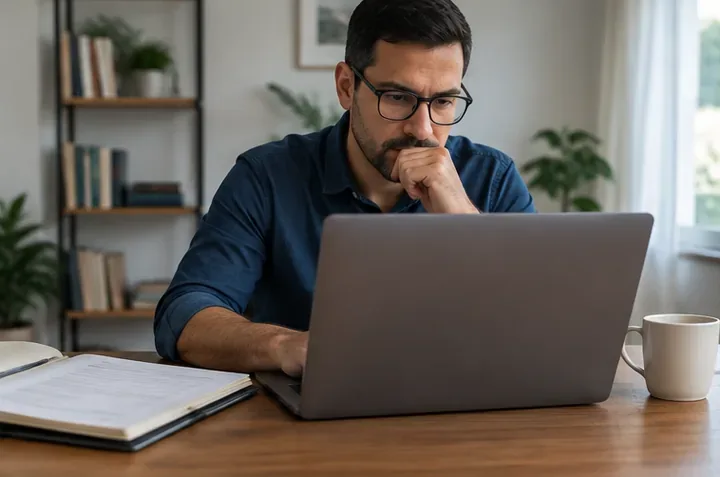 Pessoa de óculos utiliza um notebook, com documentos abertos à esquerda e uma caneca à direita.