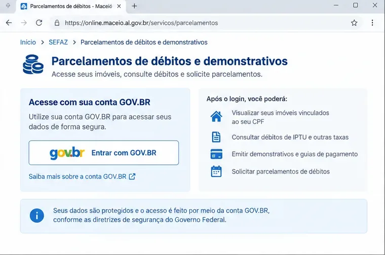 Exemplo visual da etapa de acesso a parcelamentos e demonstrativos com conta GOV.BR