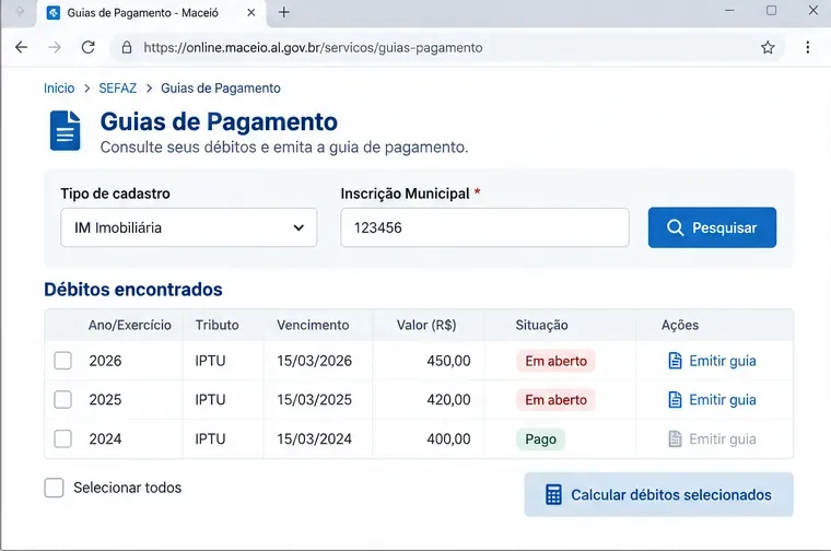 Exemplo visual de uma tela de débitos e emissão de guias de IPTU, sem representar valores reais