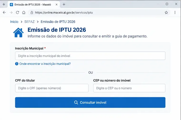 Exemplo visual de formulário para localizar o IPTU de Maceió por inscrição municipal ou dados do imóvel