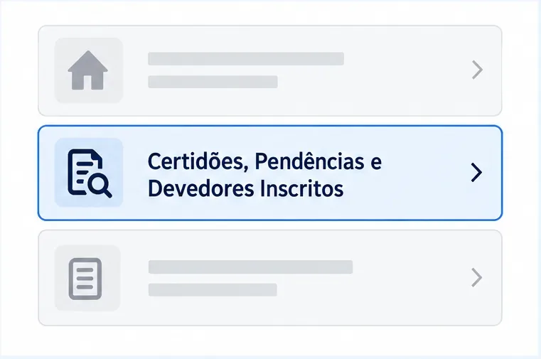 Opção Certidões, Pendências e Devedores Inscritos destacada entre itens de uma lista de serviços