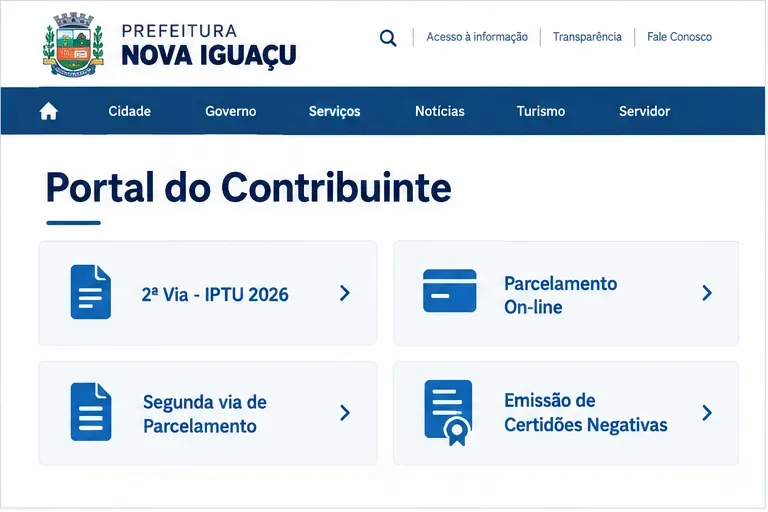 Exemplo visual do Portal do Contribuinte com as opções Segunda Via IPTU 2026, Parcelamento On-line, Segunda via de Parcelamento e Certidões Negativas