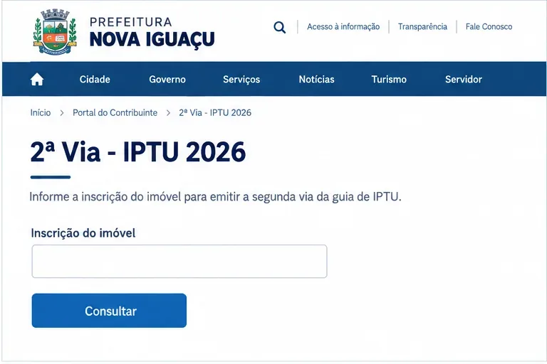 Exemplo visual de uma tela de segunda via do IPTU 2026 com campo para inscrição do imóvel