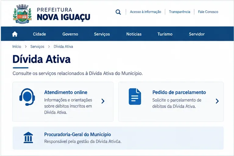 Exemplo visual de uma página de serviços de Dívida Ativa com atendimento online, pedido de parcelamento e informação da Procuradoria-Geral do Município
