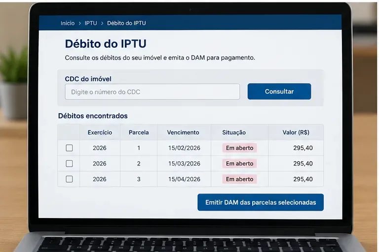 Tela ilustrativa de consulta de débito do IPTU com campo de CDC e tabela de exercícios, parcelas, vencimentos e situação