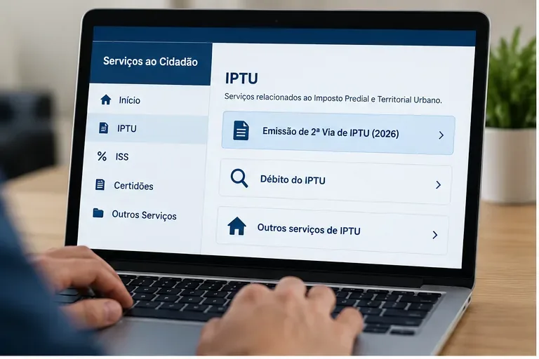 Notebook mostrando uma representação visual da área de serviços de IPTU, com as opções de segunda via 2026 e débito do IPTU