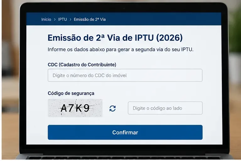 Tela ilustrativa da emissão de segunda via do IPTU 2026 com campo para CDC, código de segurança e botão Confirmar