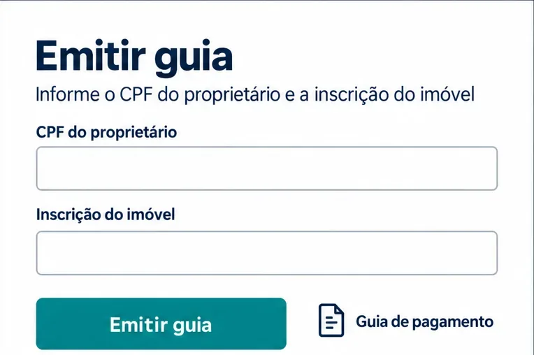 Tela esquemática de emissão de guia com campos para CPF do proprietário e inscrição do imóvel