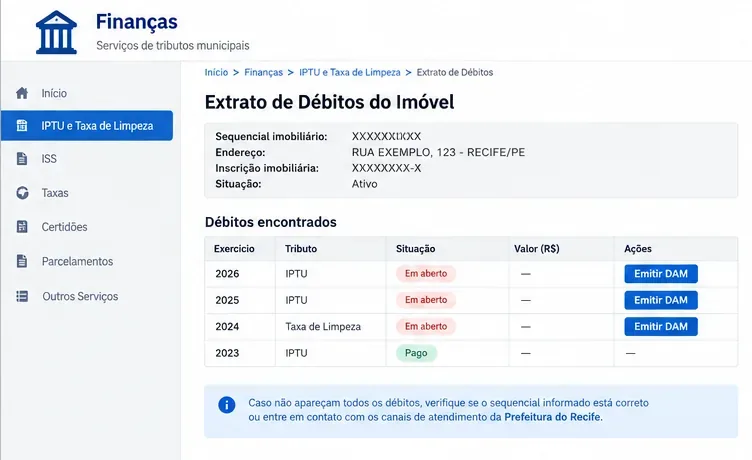 Referência visual de um extrato imobiliário com exercícios, situação dos débitos e botões para emitir DAM