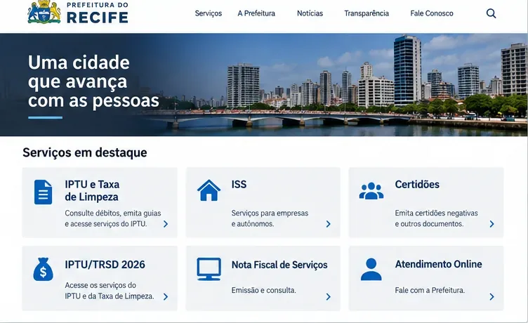 Referência visual de uma página municipal com atalhos para IPTU, taxa de limpeza, certidões e outros serviços tributários