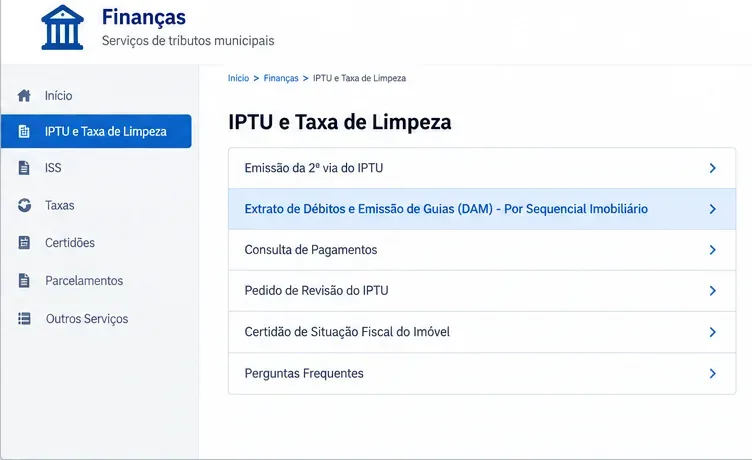 Referência visual de um menu de IPTU e taxa de limpeza com opção de extrato de débitos e emissão de guias DAM por sequencial imobiliário