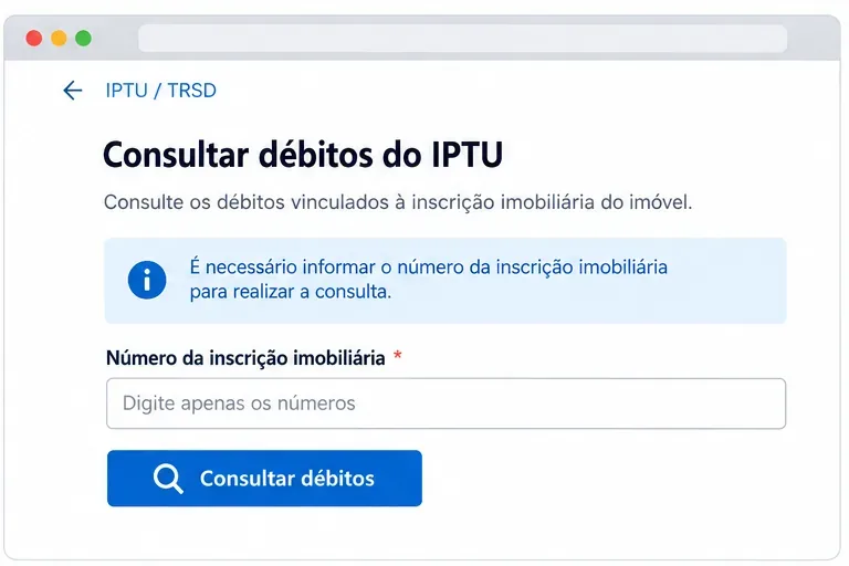 Tela ilustrativa de consulta de débitos do IPTU com campo para número da inscrição imobiliária