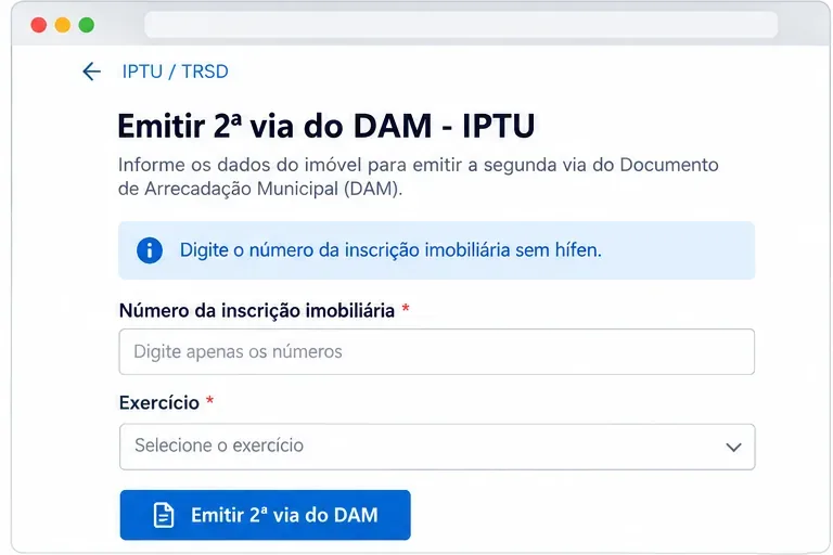 Tela ilustrativa de emissão da segunda via do DAM do IPTU com campos para inscrição imobiliária e exercício