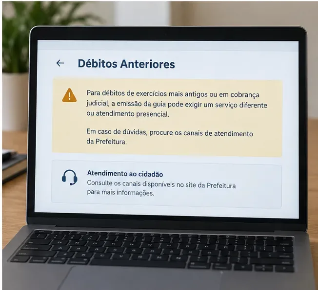 Tela ilustrativa alertando que débitos antigos ou em cobrança judicial podem exigir atendimento diferente