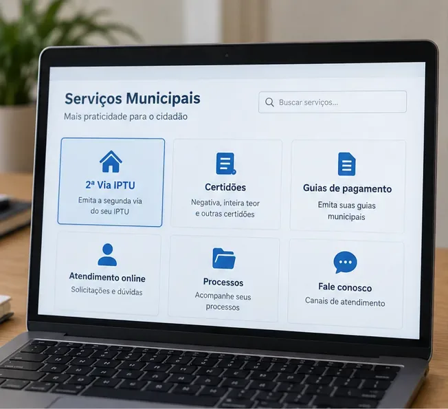 Notebook exibindo uma tela ilustrativa com acesso a serviços municipais, incluindo segunda via do IPTU