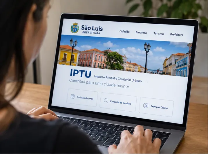 Pessoa acessando no notebook uma área ilustrativa de IPTU da Prefeitura de São Luís, com opções de emissão e consulta de débitos