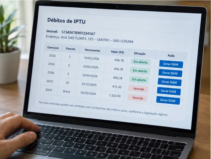 Notebook mostrando uma lista ilustrativa de débitos de IPTU separados por exercício, parcela e situação