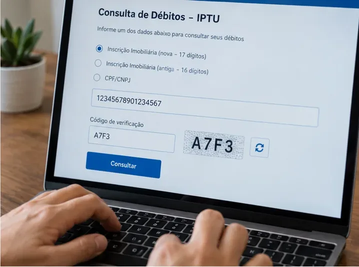 Tela ilustrativa de consulta de IPTU com opções de inscrição imobiliária nova, antiga e CPF ou CNPJ