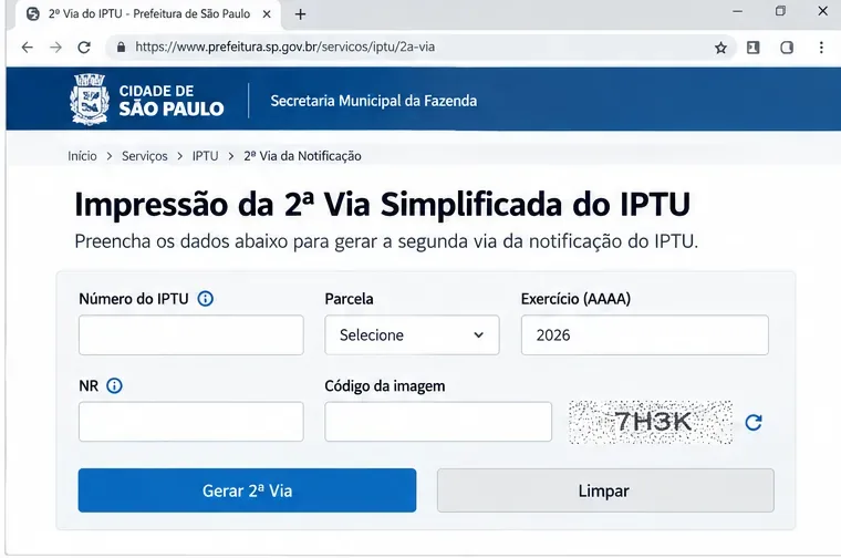 Tela ilustrativa de emissão da segunda via do IPTU com campos para número do IPTU, parcela, exercício, NR e código da imagem