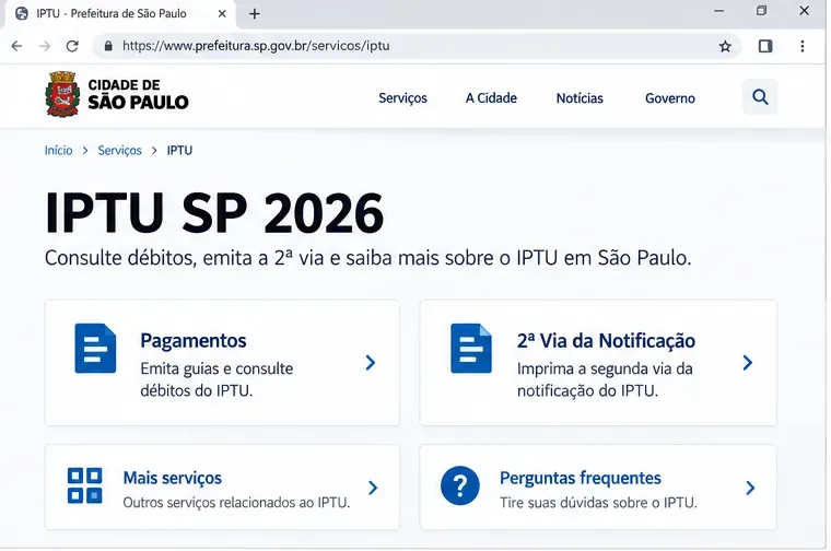 Tela ilustrativa do Portal IPTU SP 2026 com os atalhos Pagamentos, 2ª Via da Notificação, Mais serviços e Perguntas frequentes