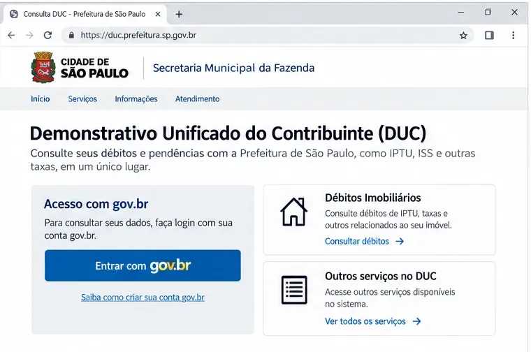 Tela ilustrativa do Demonstrativo Unificado do Contribuinte com acesso gov.br e opção de débitos imobiliários