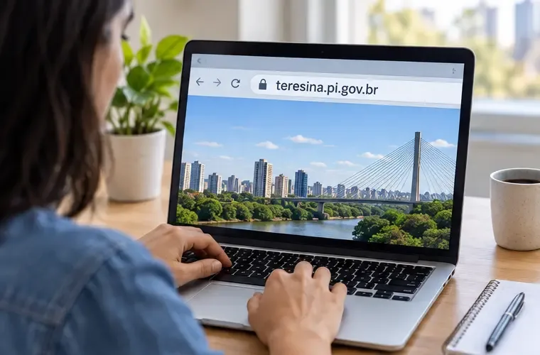 Pessoa acessando o site oficial da Prefeitura de Teresina em um notebook, com o endereço teresina.pi.gov.br visível no navegador