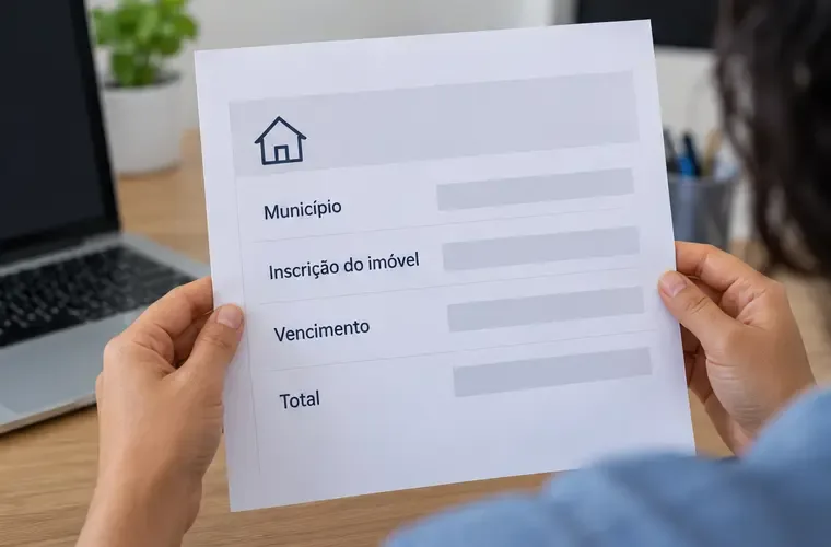 Pessoa segurando uma guia neutra com os campos Município, Inscrição do imóvel, Vencimento e Total