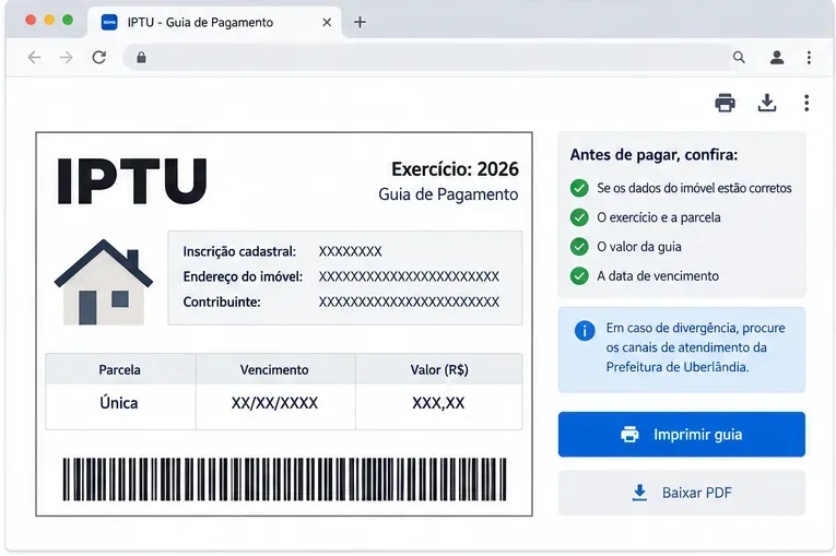 Exemplo visual de guia de IPTU com campos de exercício, inscrição cadastral, vencimento e valor para conferência