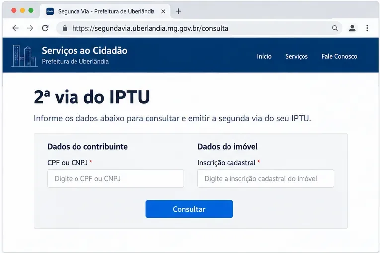 Tela de consulta da segunda via do IPTU em Uberlândia, com campos de CPF ou CNPJ e inscrição cadastral do imóvel