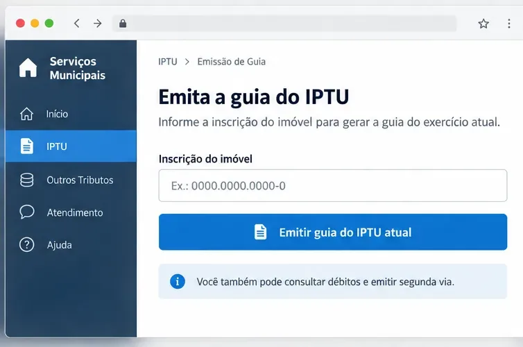 Interface ilustrativa de um serviço municipal com campo para informar a inscrição do imóvel e emitir a guia do IPTU