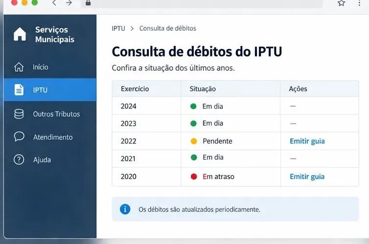 Interface ilustrativa de consulta de débitos do IPTU com exercícios, situação e ações disponíveis