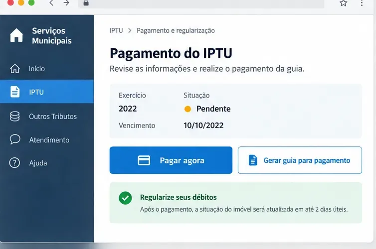 Interface ilustrativa de regularização de IPTU com situação pendente e opções para pagar ou gerar uma guia