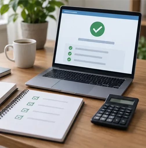 Notebook com sinal de confirmação ao lado de checklist e calculadora
