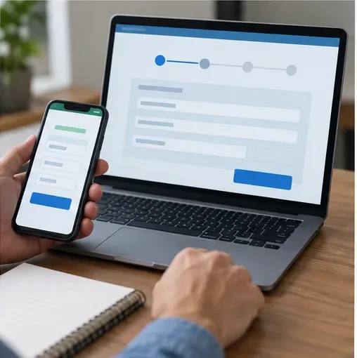 Notebook e celular exibindo um fluxo neutro de correção de formulário