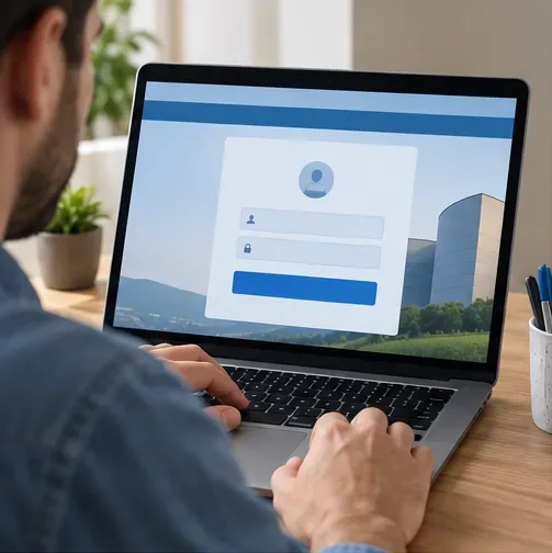 Pessoa acessando um portal tributário neutro em um notebook