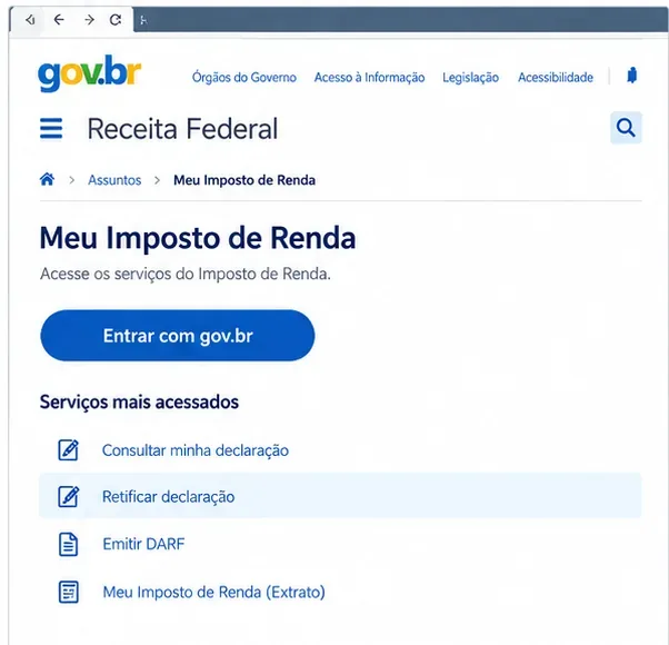 Exemplo de acesso ao serviço Meu Imposto de Renda no portal da Receita Federal com opção Retificar declaração