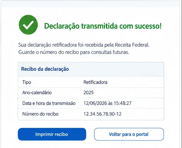 Exemplo de confirmação de transmissão de uma declaração retificadora com tipo, ano-calendário, data e número do recibo