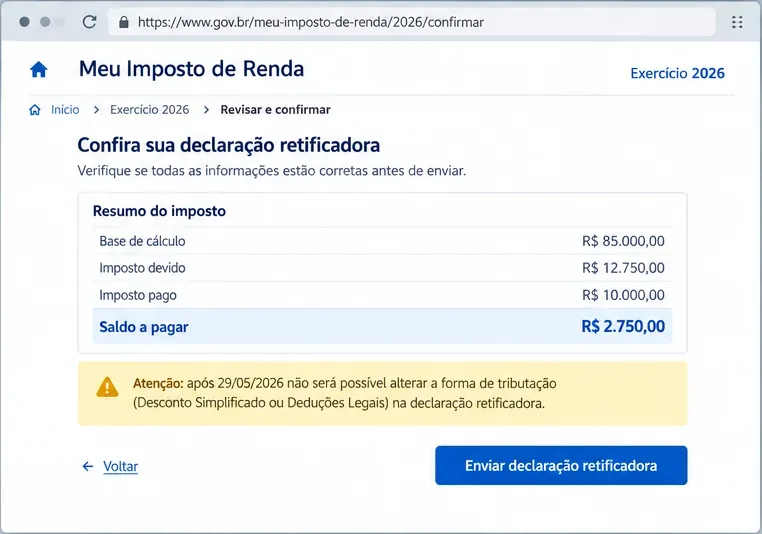 Exemplo de tela de revisão de uma declaração retificadora com resumo do imposto e aviso sobre a forma de tributação após 29 de maio de 2026