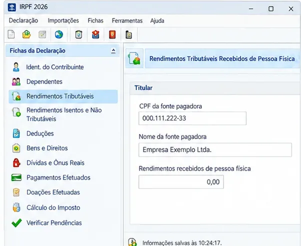 Exemplo do programa IRPF 2026 no computador com fichas de rendimentos, deduções, bens e verificação de pendências