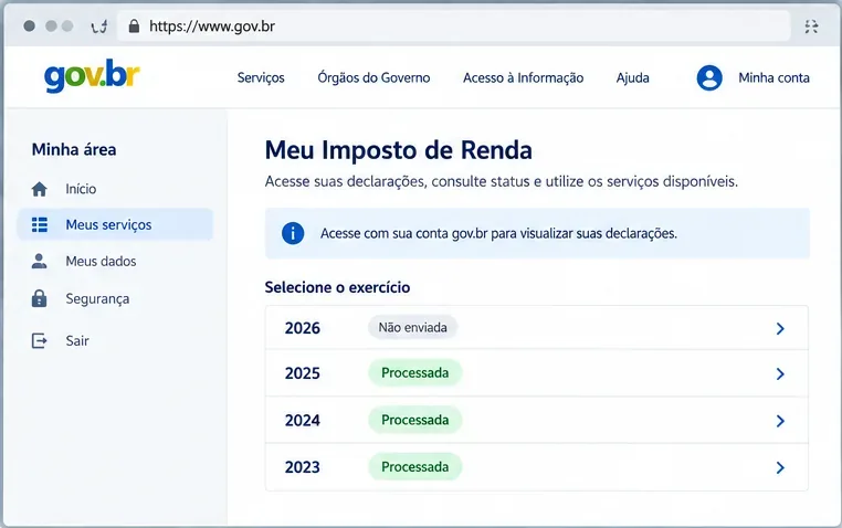 Exemplo de tela do Meu Imposto de Renda com uma lista de exercícios para selecionar o ano da declaração