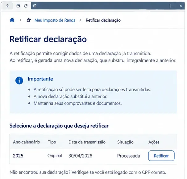 Exemplo de tela Retificar declaração com seleção de uma declaração original processada do ano-calendário 2025