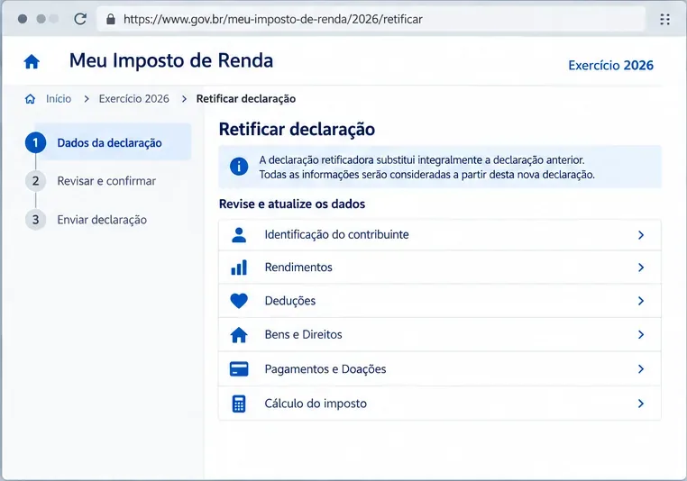 Exemplo de tela de retificação com categorias como identificação, rendimentos, deduções, bens e direitos e cálculo do imposto