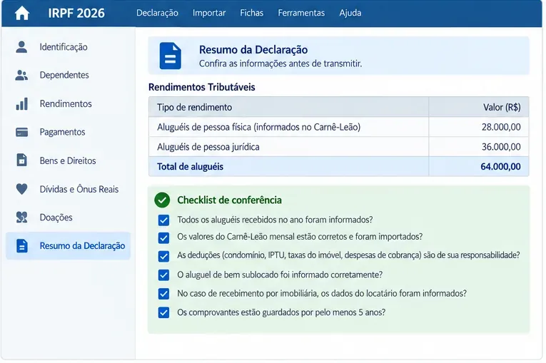 Exemplo visual de resumo da declaração com totais de aluguéis recebidos de pessoa física e pessoa jurídica e uma lista de conferência