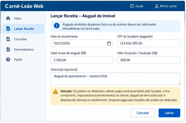 Exemplo visual do Carnê-Leão Web com campos de data de recebimento, CPF do pagador, valor bruto do aluguel e valor de exclusão ou dedução