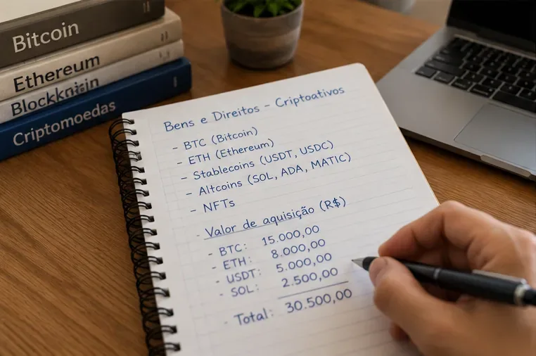 Caderno com categorias de criptoativos e valores de aquisição em reais para preenchimento de Bens e Direitos